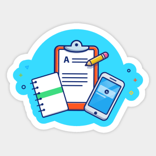 Clipboard, Note Book, Paper, Pencil, And Hand Phone Cartoon Sticker